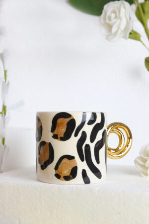 Leopar Desenli 24K Altın Dekorlu El Yapımı Seramik Kupa