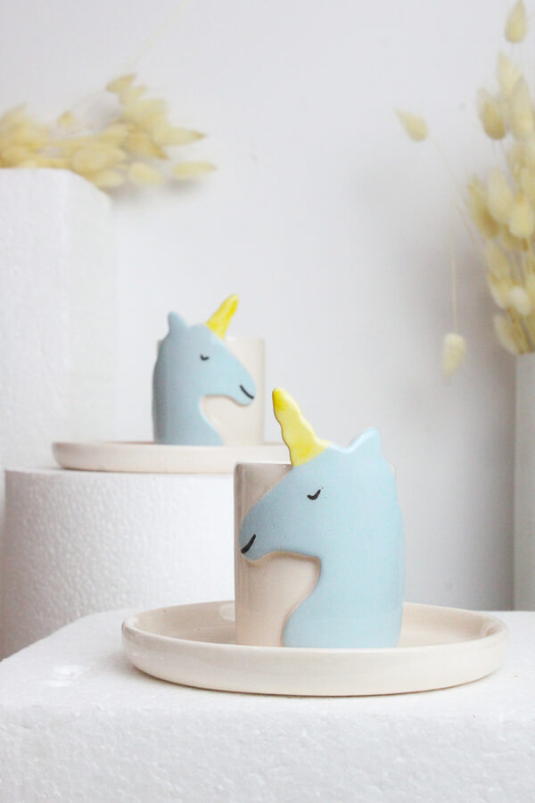 2’li Mavi Unicorn Figürlü El Yapımı Seramik Fincan Takımı