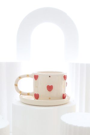 Kalp Figürlü 24K Altın Dekorlu El Yapımı Seramik Mug