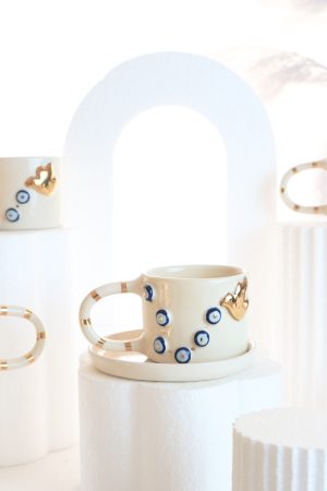 Kuş Figürlü Nazar Boncuğu 24K Altın Dekorlu El Yapımı Seramik Mug