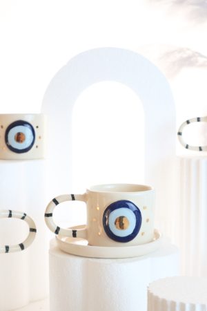 Nazar Boncuk Figürlü 24K Altın Dekorlu El Yapımı Seramik Mug