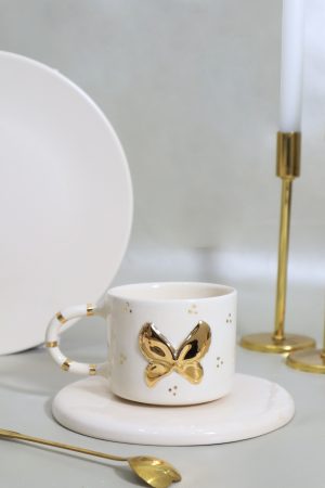 El Yapımı Melek Kanat Figürlü 24K Altın Dekorlu Seramik Mug 250ml