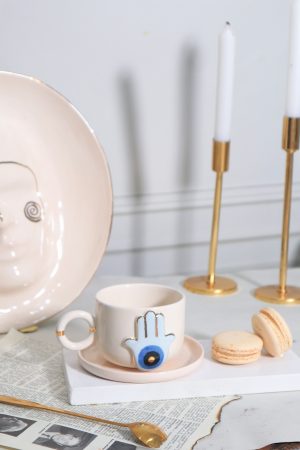 El Yapımı Nazar Figürlü  Özel Tasarım 24K Altın Dekorlu  Seramik Mug 200 ml
