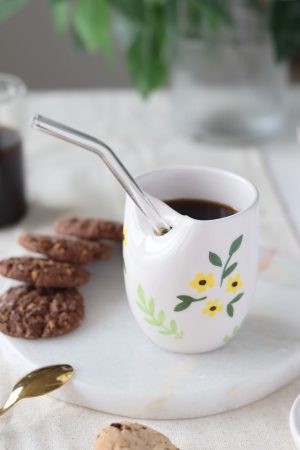 El Yapımı Çiçek Desenli Soğuk Kahve Seramik  Mugu  220ml