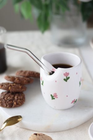 El Yapımı Çiçek Desenli Soğuk Kahve Seramik  Mugu  220ml