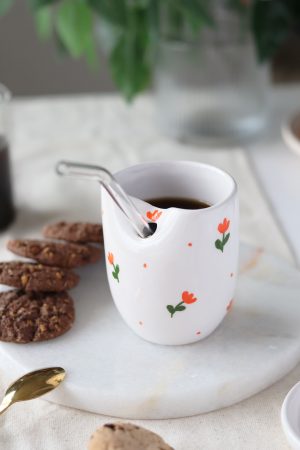 El Yapımı Çiçek Desenli Soğuk Kahve Seramik  Mugu  220ml