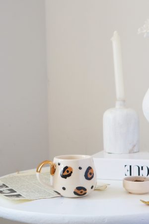 Leopar Desenli 24k Altın Dekorlu El Yapımı Seramik Mug 250ml