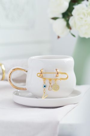 Kişiselleştirilmiş Harf Charm Detaylı 24K  Altın Dekorlu El Yapımı Seramik Kupa 200ml