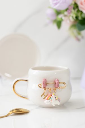 Kişiselleştirilmiş Harf Charm Detaylı 24K Altın Dekorlu El Yapımı Seramik Kupa 200ml (Harf Değişir)