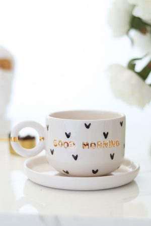 Good Morning Kalp Desenli El Yapımı Seramik Fincan 200ml 24K Altın Dekorlu